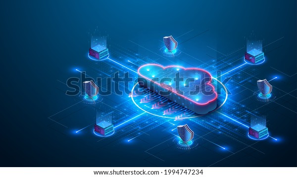 Cloud storage. A digital service or\
application that transfers data to a server or hosting service.\
Data transfer protection and data center connection network.\
Web-based cloud. Vector\
illustration