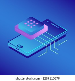 Cloud storage. Digital technology.  Backup data. Vector isometric image.