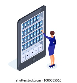 Cloud storage of documents. Isometric business concept of working with a database in the cloud. The employee takes out a folder from the shelf of the cabinet with the documents. Vector illustration.