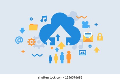 Cloud storage download flat vector illustration. Digital service or app with data transfering. Online computing technology. 