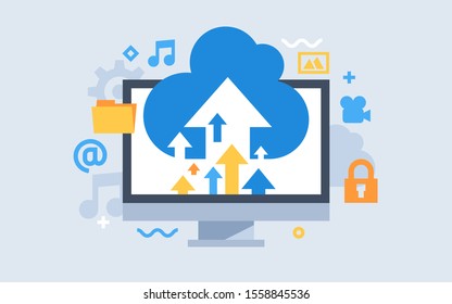 Cloud storage download. Flat vector illustration. Digital service or app with data transferring. Online computing technology.