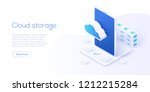 Cloud storage download isometric vector illustration. Digital service or app with data transfering. Online computing technology. 3d servers and datacenter connection network.