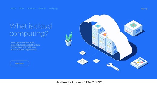 Ilustración vectorial isométrica de descarga de almacenamiento en nube. Servicio digital o aplicación con transferencia de datos. Tecnología informática en línea. 3 d servidores y red de conexión de centros de datos.