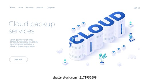 Cloud storage download isometric vector illustration. Digital service or app with data transfering. Online computing technology. Server center and datacenter network