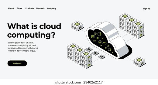 Cloud storage download isometric vector illustration. Digital service or app with data transfering. Online computing technology. 3d servers and datacenter connection network.
