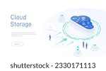 Cloud storage for download, upload information. Data in database on cloud services. Digital service or application with data transmission. Network computing technologies. Futuristic 3d Server.