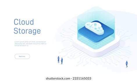 Cloud storage for download, upload information. Data in database on cloud services. Digital service or application with data transmission. Network computing technologies. Futuristic 3d Server.