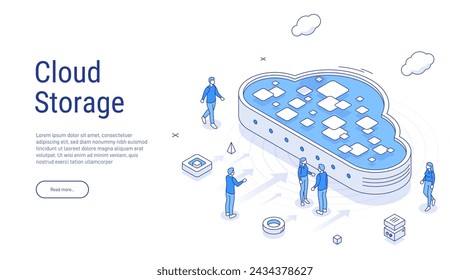 Cloud storage for download, upload information. Data in database on cloud services. Digital service or application with data transmission. Network computing technologies. Futuristic 3d Server.