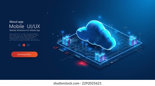 Cloud storage for downloading an isometric. A digital service or application with data transmission. Network computing technologies. Futuristic Server. Digital space. Data storage