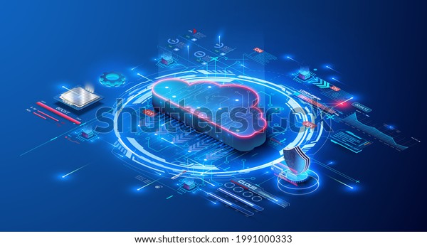 Cloud storage for downloading an isometric.\
A digital service or application with data transmission. Network\
computing technologies. Futuristic Server. Digital space. Data\
storage. Vector\
illustration