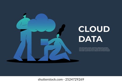 Cloud storage for downloading or uploading files. Man holds a cloud of data where a woman uploads files from her computer. Modern Flat vector banner illustration in cartoon style.