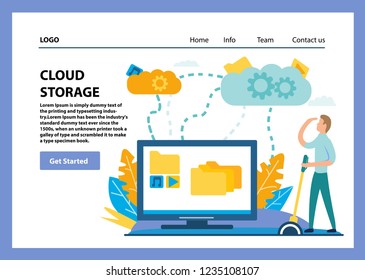 Cloud storage downloads to the cloud.Data transfer.Network service.Landing page template.Concept web page design.Flat vector.