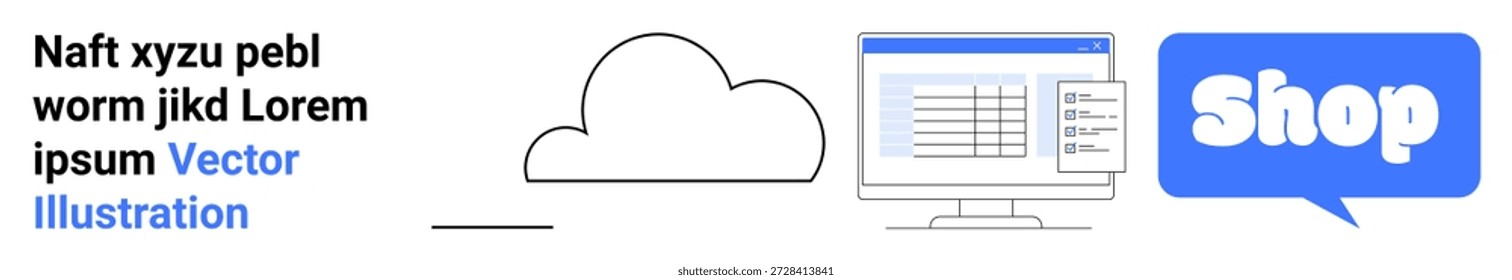 Almacenamiento en la nube, comercio electrónico, compras en línea, datos digitales, tecnología de Internet, venta minorista electrónica. Icono de la nube, pantalla de la computadora y burbuja de texto de compras. Almacenamiento en la nube y concepto de comercio electrónico