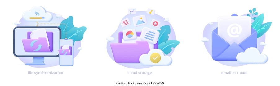 Cloud storage, email in cloud, data sync, data backup, file share between devices. 3d icon set for landing page. Three dimensional vector illustration collection for website, print, banner