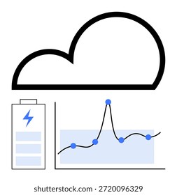 Cloud storage, energy analysis, sustainability, technology, data management, renewable energy. A cloud icon with a power battery symbol and a graph with data points. Cloud storage and energy analysis