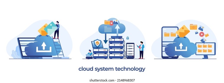 almacenamiento en la nube, descarga de archivos, concepto de protección de bases de datos, centro de datos, administración de archivos, plantilla vectorial de ilustración plana