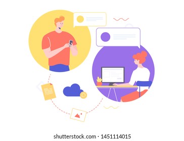 Cloud storage file, freelance concept, the contractor sends the completed work to the customer, the correspondence between a man and a woman, download the document, telecommuting freelancer, flat 