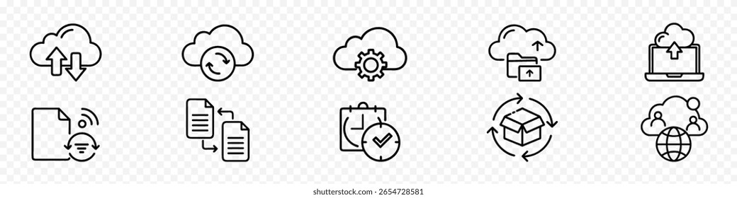 Armazenamento em Nuvem e Gerenciamento de Arquivos Conjunto de ícones, Armazenamento em Nuvem mínimo e compartilhamento de arquivos Conjunto de ícones mostrando upload, sincronização, backup, compartilhamento de documentos, integração de calendário, acesso global, automação