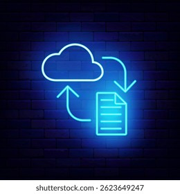 Cloud storage and file neon label. Document sending. Big data badge on brick wall. Computer database. Vector stock illustration