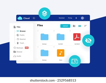 Interface de serviço de armazenamento em nuvem e compartilhamento de arquivos. Ilustração vetorial