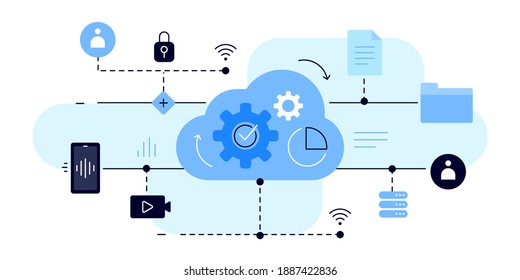 Cloud storage. File sharing. Working scheme. High tech concept. Modern flat illustration. Vector file.