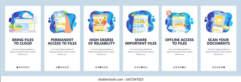 Cloud storage and files sharing app. Offline access, storage technology, hosting service. Mobile app onboarding screens. Vector banner template for website mobile development. Web site illustration.