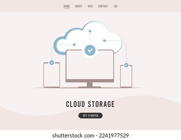 Cloud storage - file-sharing service. Online cloud computing technology. Data between gadgets and the cloud storage is updated and synchronized. Flat design vector business landing page template