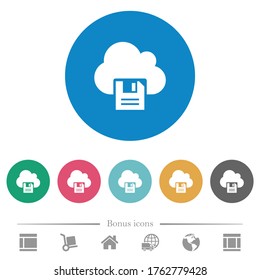 Cloud storage flat white icons on round color backgrounds. 6 bonus icons included.