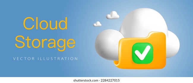 Cloud storage, Cloud folder banner in realistic 3d volumetric plastic style, isolated on background. Cloud upload or online file unloading.