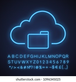 Cloud storage folder neon light icon. Cloud computing. Glowing sign with alphabet, numbers and symbols. Vector isolated illustration