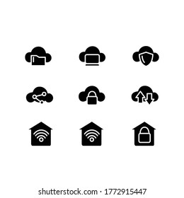 Iconos de glifos de almacenamiento en nube. Silueta negra de carpeta, red inalámbrica doméstica, recurso compartido de enlaces de archivos, protección y transferencia de datos en fondo blanco. Ilustración vectorial perfecta de píxeles para el alojamiento web