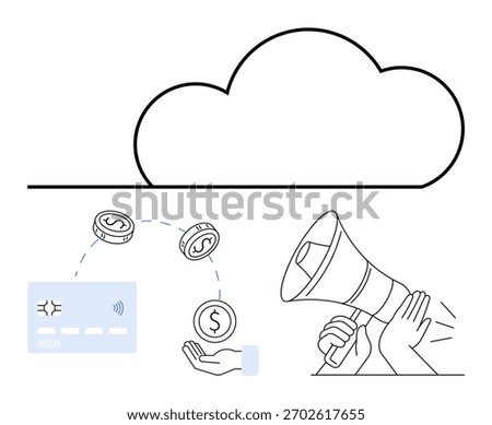 Cloud storage, hand with credit card, dollar coins, and megaphone. Ideal for digital marketing, advertising, e-commerce, online payments cloud computing fintech and business solutions. Line