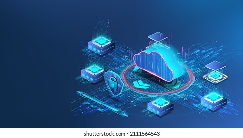 Cloud storage with a high level of protection and a shield with a symbol of cyber security. Isometric banner with the concept of data transfer and protection, hosting servers, networks and databases