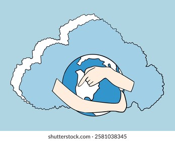 Cloud storage holds the planet Earth in its hands. Vector illustration.