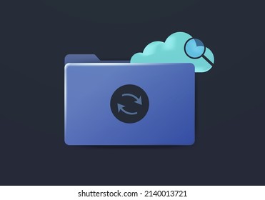 Cloud storage icon concept. Computer folder with file storage sync icon, cloud, and magnifying glass. 3D vector illustration isolated on black background