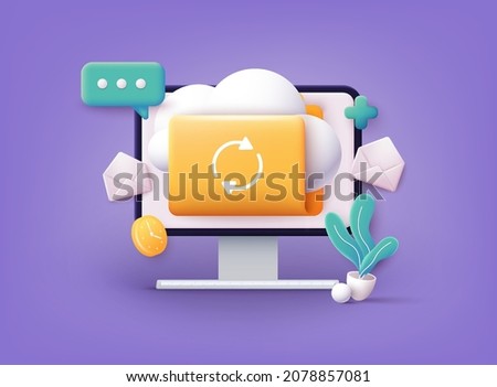 Cloud storage icon. Digital file organization service or app with data transfering. 3D Web Vector Illustrations.