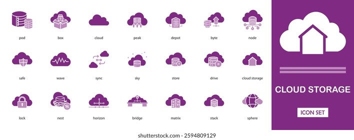  Cloud Storage icon set. with Drive, Nest, Haven, Lock, Bridge, Matrix, Sphere and more  icons  collection 