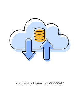  Cloud storage icon with a stack of yellow disks representing data storage in the cloud. There is a Data Transfer Arrow. Relevant in relation to cloud computing, data storage and data transfer.