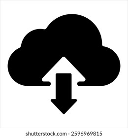 Cloud storage icon for upload and download data. Black simple symbol for file sharing, backup, and online data management