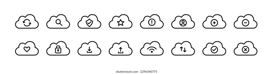 Cloud storage icons. File sharing and data backup. Pixel perfect, editable stroke line design icons set