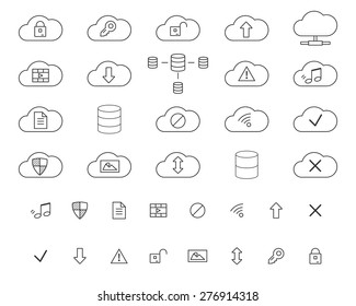 Cloud Storage Icons Set. Outlined. Thin line design for web and mobile app. Cloud technologies. Isolated on white background. Vector illustration