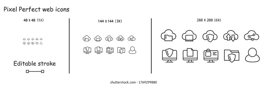 Cloud storage icons. Web file transfer and data security concept linear pictograms set. Pixel perfect 48x48, 144x144 and 288x288 editable stroke vector illustrations for ui, web and mobile development