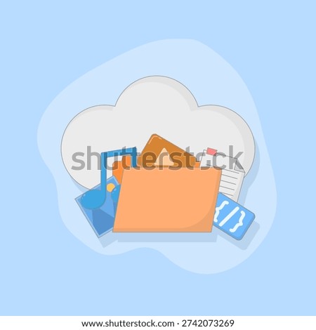 cloud storage illustration with folder icon containing document files, songs, videos, and images as well as clouds and blue as background.