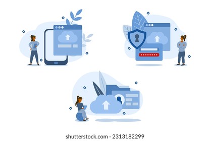 cloud storage illustration set. characters choose cloud service to data storage because that safe and reliable. private storage online concept. vector illustration.