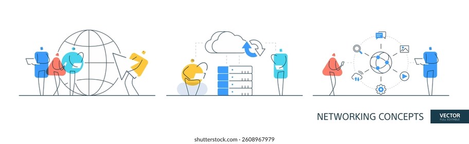 Cloud storage illustrations set in thin line style. Global server abstract linear vector design concepts. Network security flat icons. Tiny geometric people team.