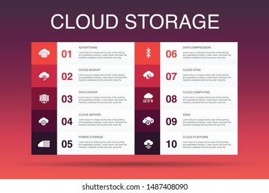 Cloud storage Infographic 10 option template. Cloud Backup, data center, Hybrid Storage, Data Compression simple icons