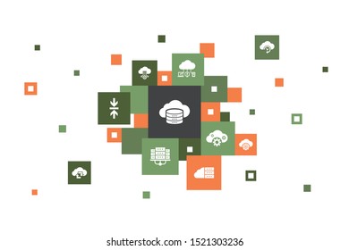Cloud storage Infographic 10 steps pixel design.Cloud Backup, data center, Hybrid Storage, Data Compression icons