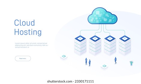 Cloud storage. Internet equipment industry. Data transmission technology and data protection. Illustration of network telecommunication server. Abstract hosting server or data center room background.