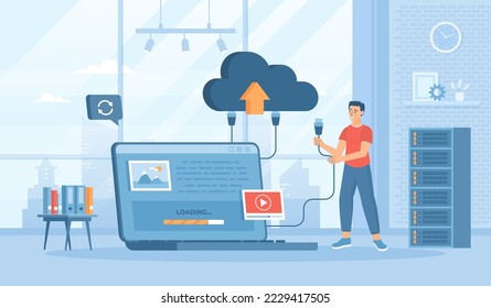 Cloud storage, Internet hosting provider. Man uploads data to cloud service, sync or makes backup. Flat cartoon vector illustration with people character for banner, website design or landing web page