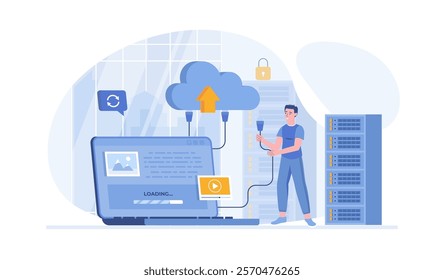 Cloud storage, Internet hosting provider. Man uploads data to cloud service, sync or makes backup. Vector illustration with characters in flat design for web banner.	
